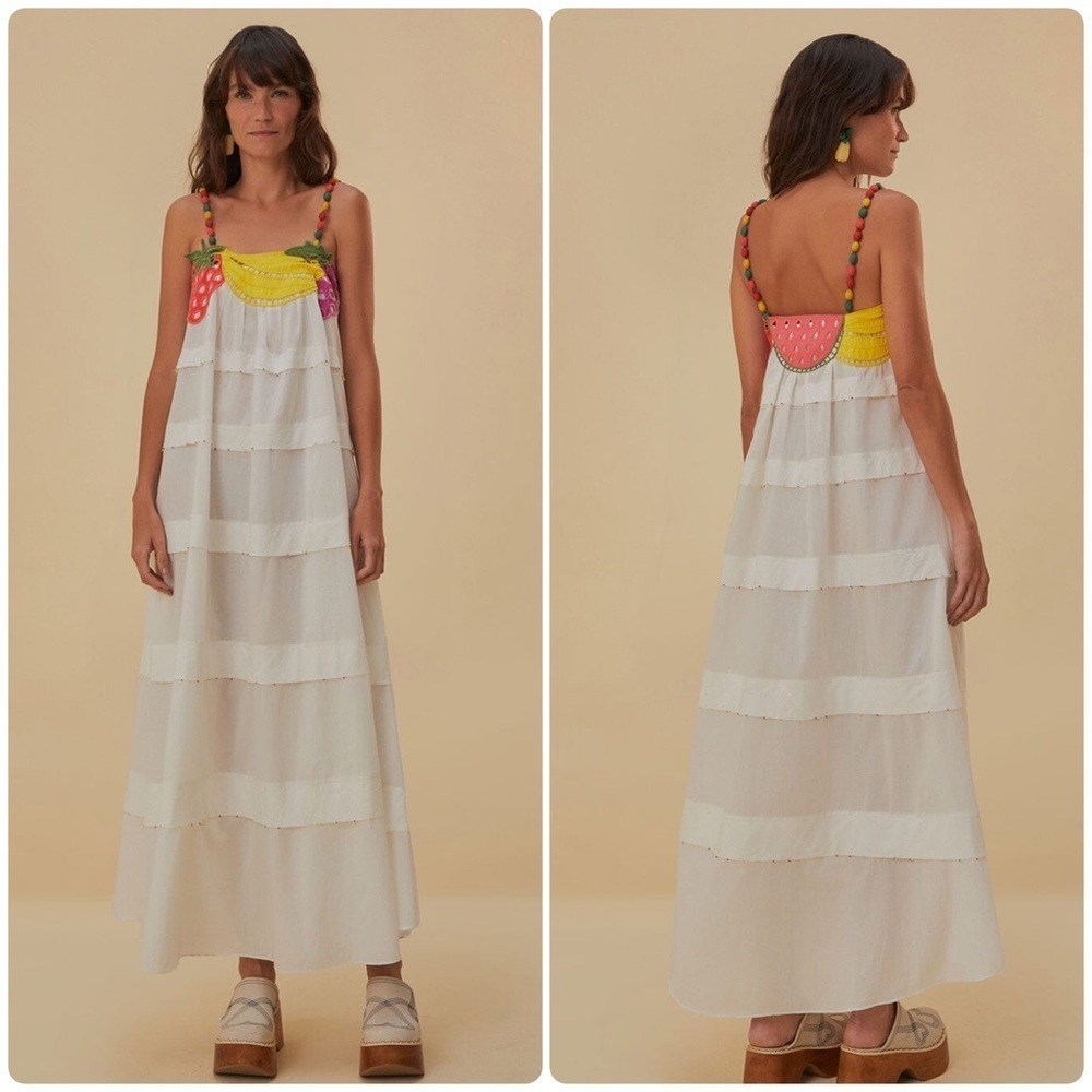 New! FARM Rio Embroidered Fruits Richelieu Cotton Maxi Dress 🍓🍇🍉 Medium - Picture 4 of 16